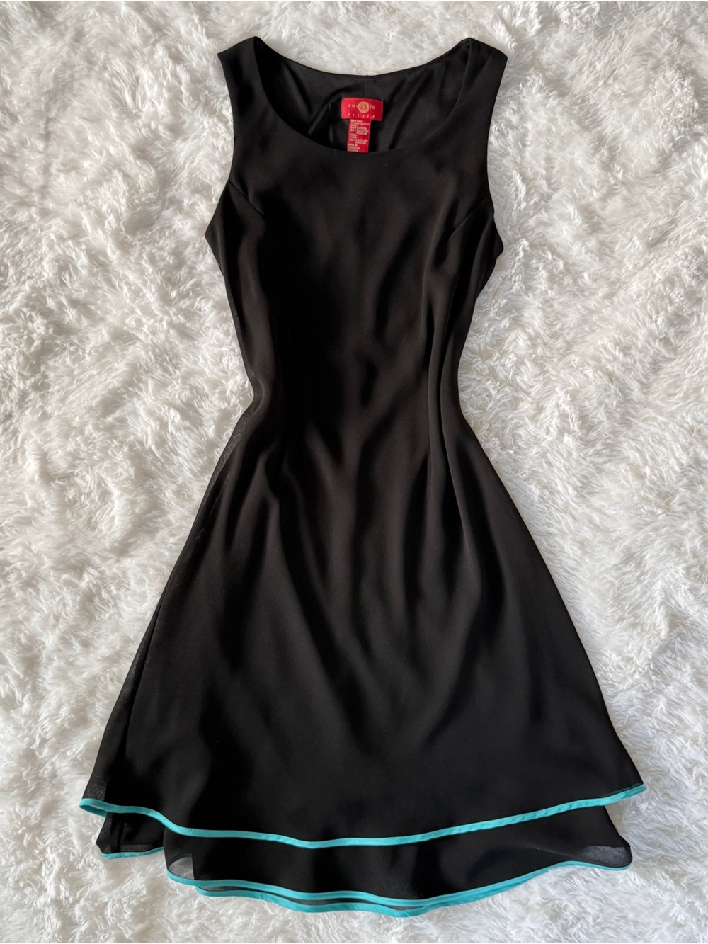 Black Sleeveless A-line Dress with Teal Trim